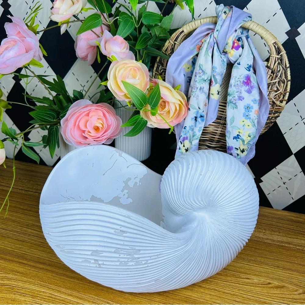 Large‎ Distressed Shell Vase White Resin Organic Sculptural Form Coastal Luxury